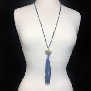 Blue Suede Glass Beaded Long Tassel Necklace